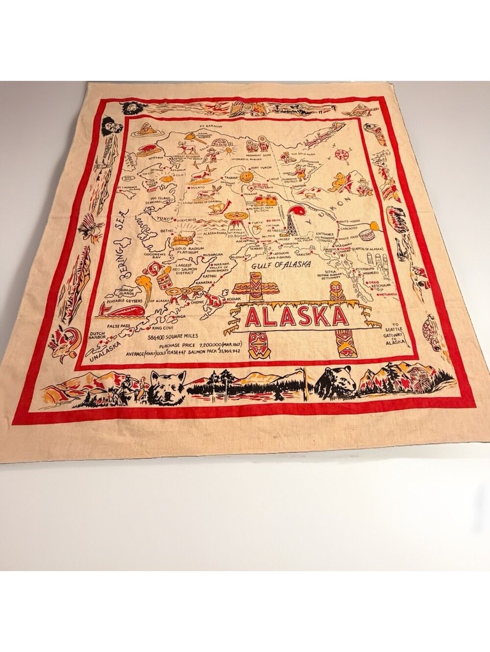 Vintage Alaska Souvenir State Map Tablecloth Wall Hanging 47x48 Linen
